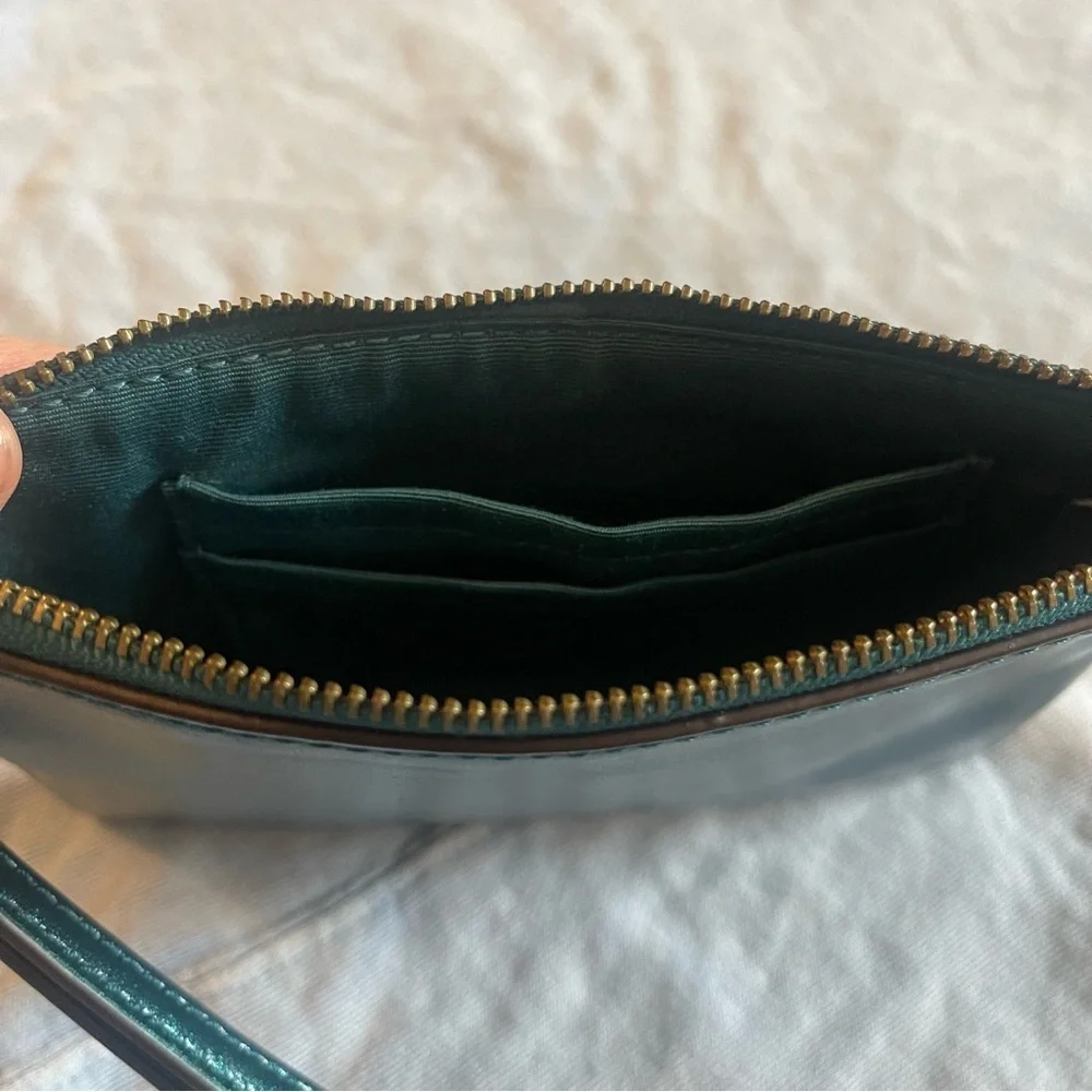 Coach | Metallic Dark Teal Leather Glitter Sparrow Bird | Zip Wristlet